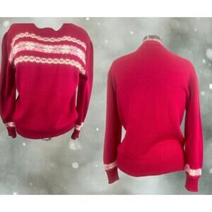Vintage 80s Options Fair Isle Wine Red Pink Sweater Size 42/L